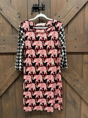 Red & Black Elephant Print Dress with Houndstooth Sleeves